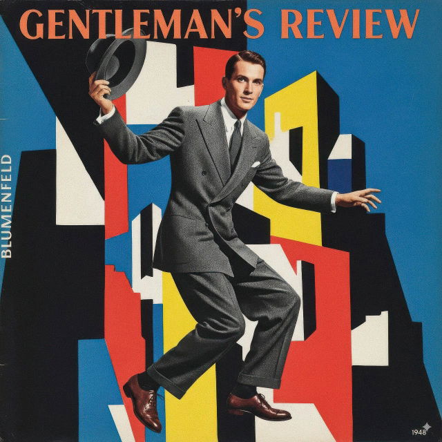 Male model in a gray suit, geometric fashion photograph with bold primary colors and hard light