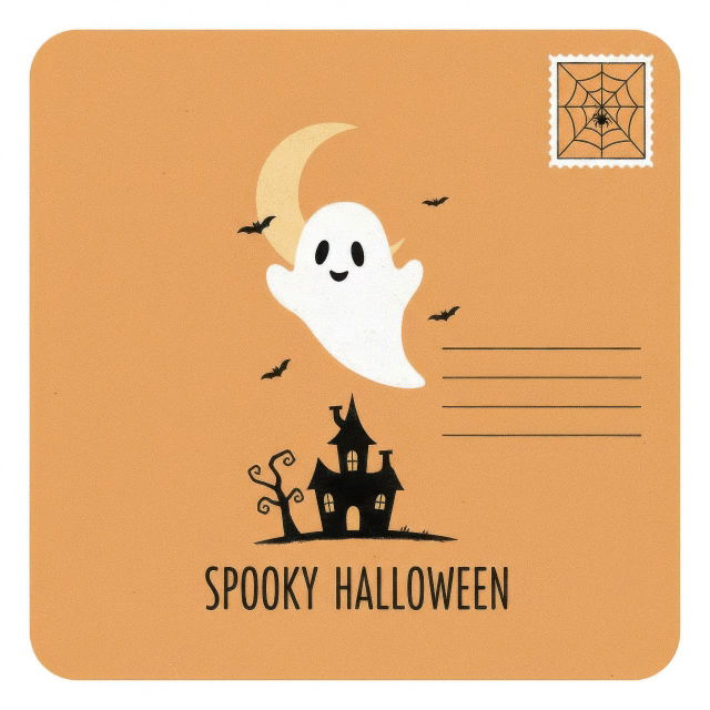 Minimalist Halloween postcard with a smiling ghost, bats, moon, haunted house and orange palette