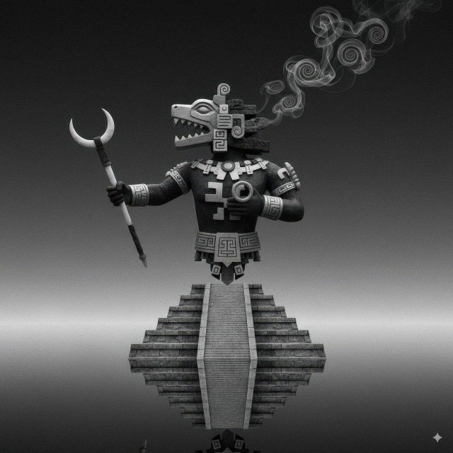 Ancient Aztec demigod with crescent staff
