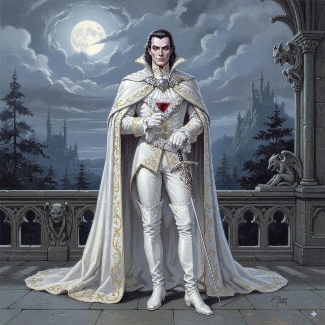 Noble vampire in white costume, cool moonlit fantasy illustration in the style of Larry Elmore