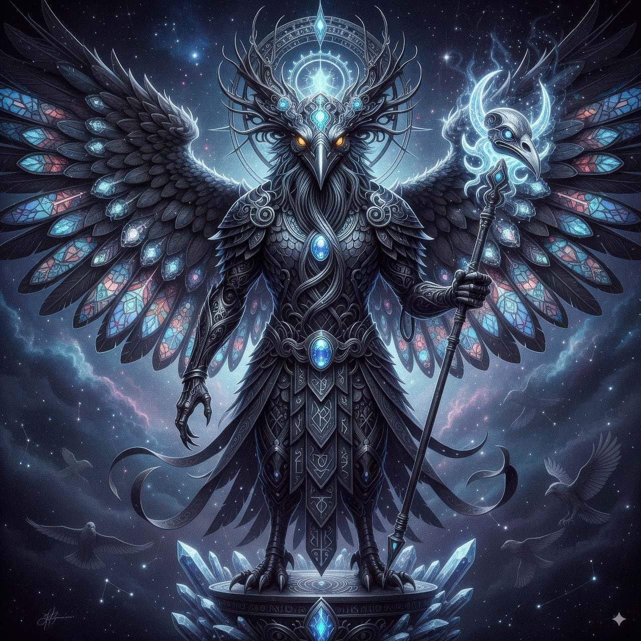 Intricate raven god with jeweled wings and staff, in luminous blue fantasy digital art