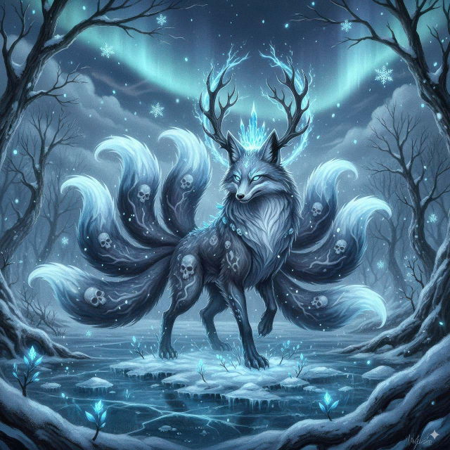 Japanese fox god with antlers and nine tails in a snowy forest, icy blue digital fantasy art