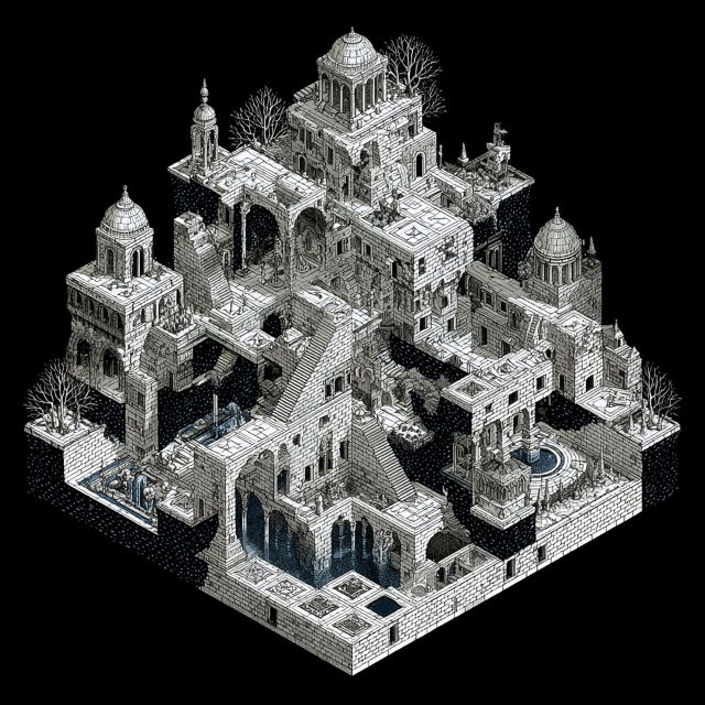Game level map of an impossible stone temple, black-and-white engraving in the style of M. C. Escher