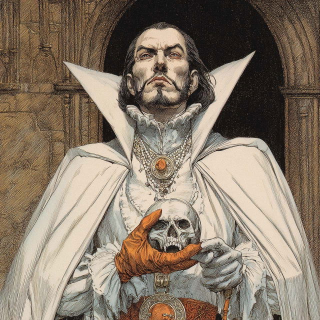 Noble vampire in white costume holding a skull, in the style of Larry Elmore, sepia ink illustration