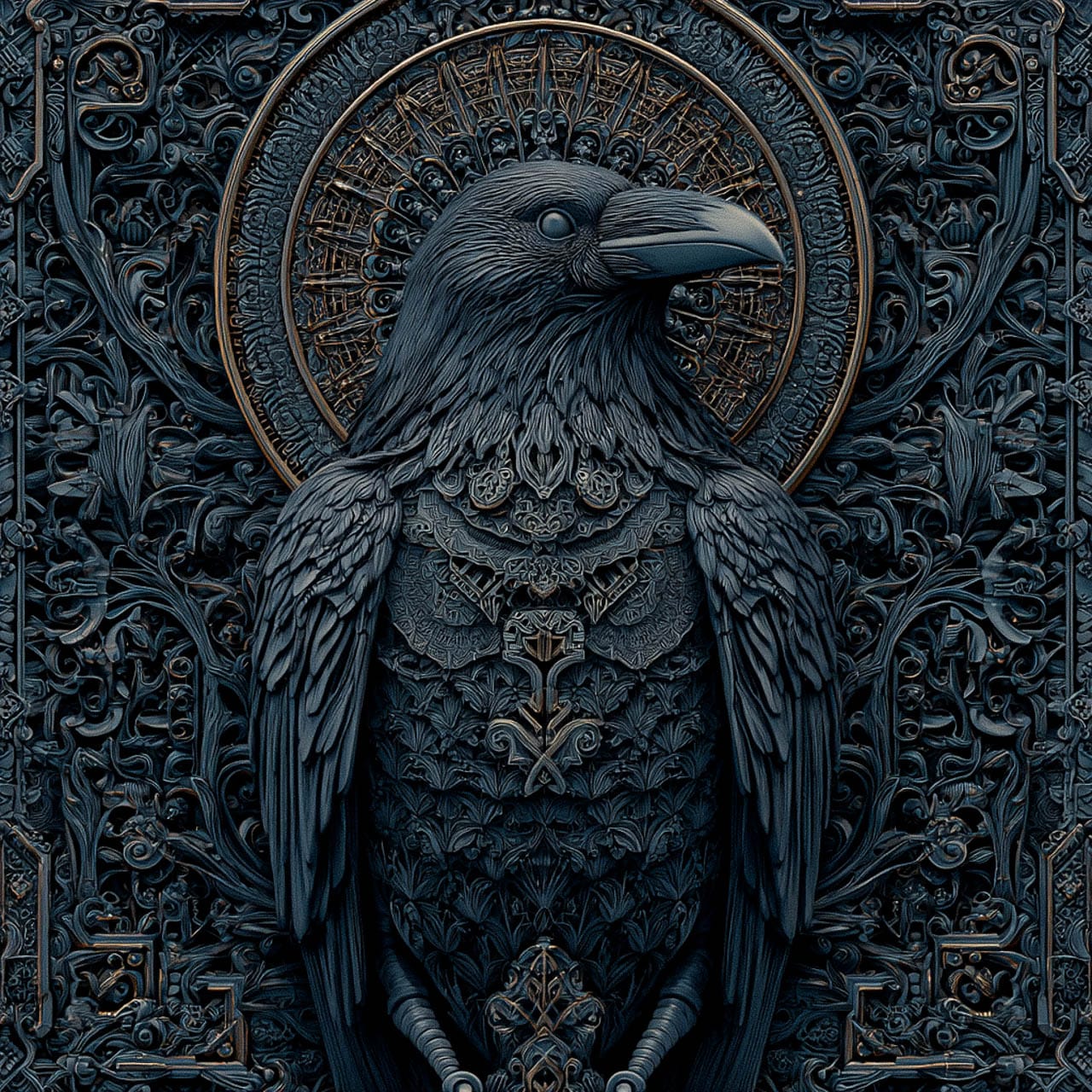 Intricate raven god in ornate relief art, dark blue-black palette and dramatic detail