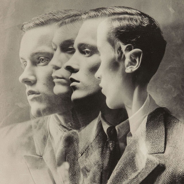 Three overlapping male profiles in a sepia-toned vintage fashion photograph, softly lit