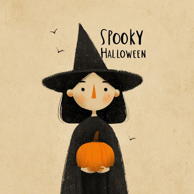 Witch holding a pumpkin, minimalist textured illustration in black, orange, and beige, softly lit