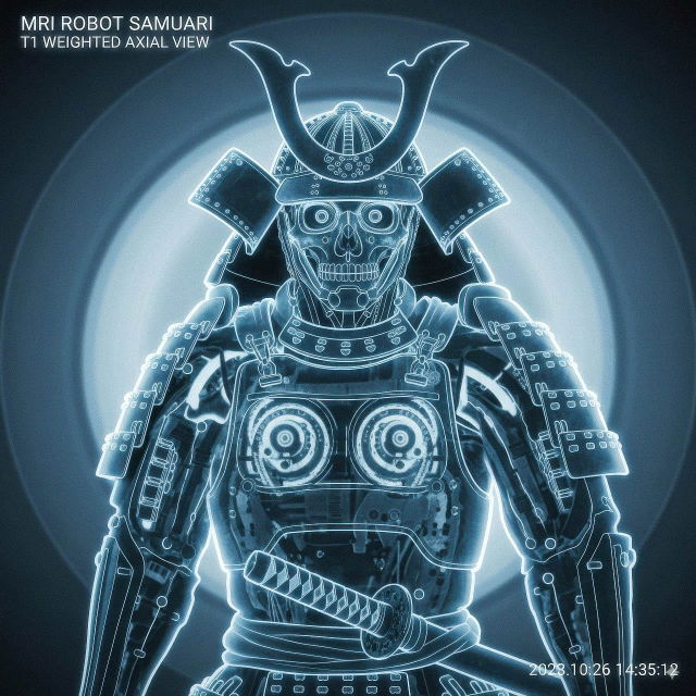 Robot samurai in an MRI scan, rendered as a glowing blue medical scan