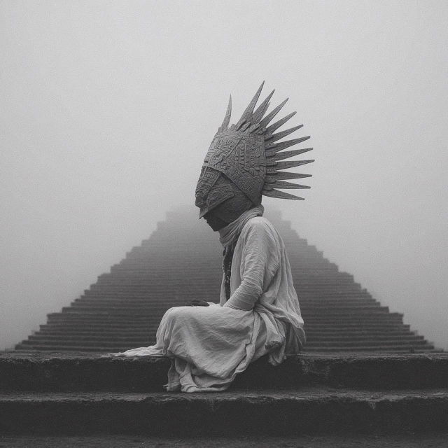 Ancient Aztec demigod in an ornate headdress, grayscale photograph with misty light