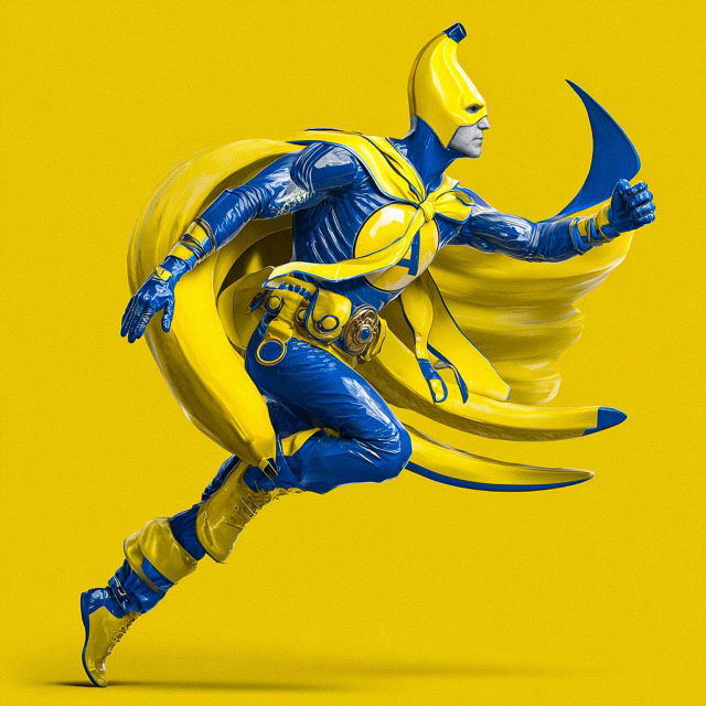 NanoBananaMan superhero leaping in a glossy comic-book style with vivid blue and yellow lighting