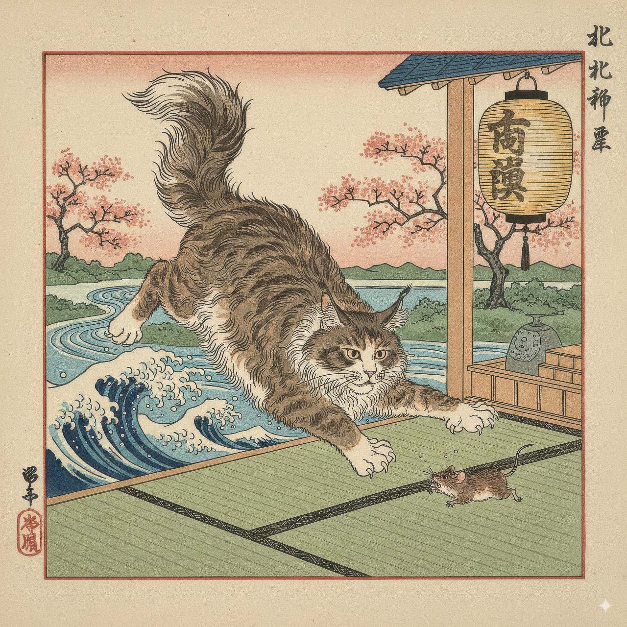 Maine Coon cat catching a mouse in Hokusai-style ukiyo-e, muted palette and woodblock lines