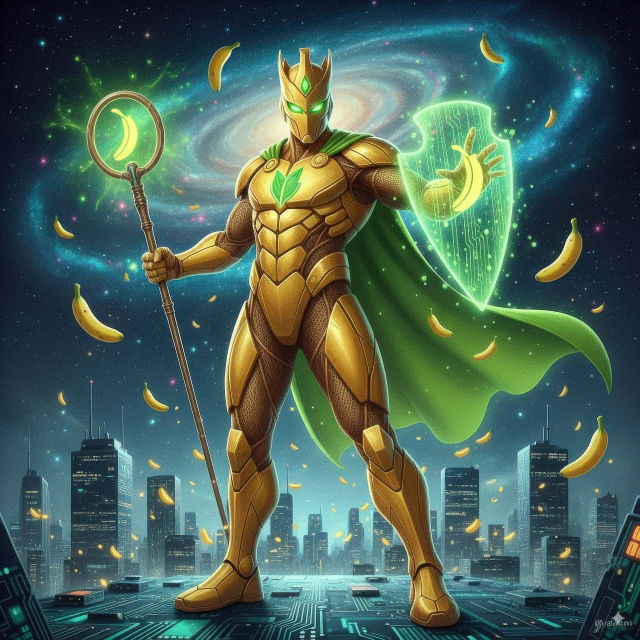 Banana-themed armored superhero with a staff and shield, glowing digital comic art in gold and green