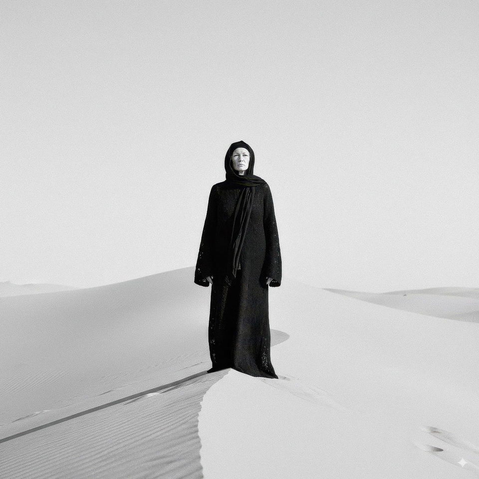 Full-body figure in a black hooded robe on a sand dune, stark monochrome desert photography