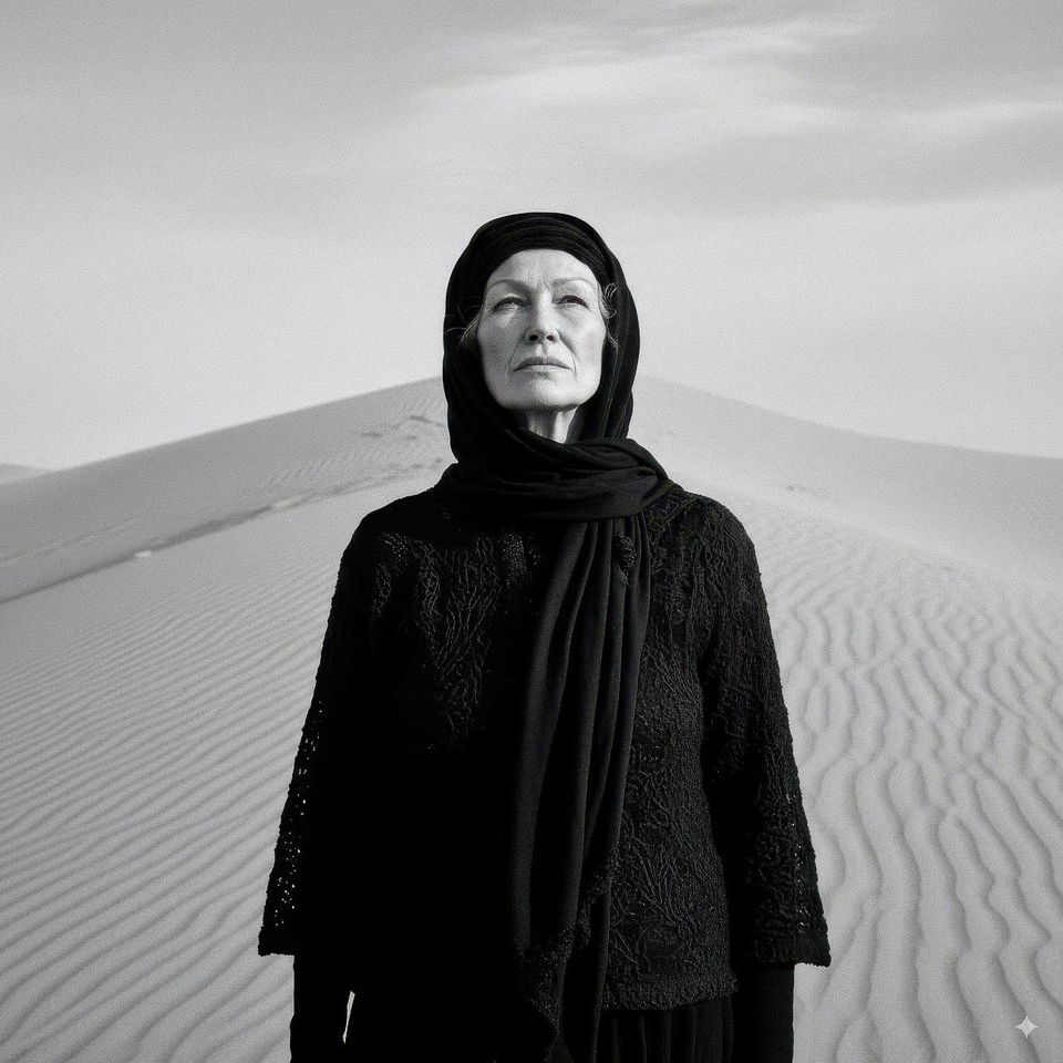 Woman in a black headscarf standing on a rippled sand dune, looking upward in monochrome photography