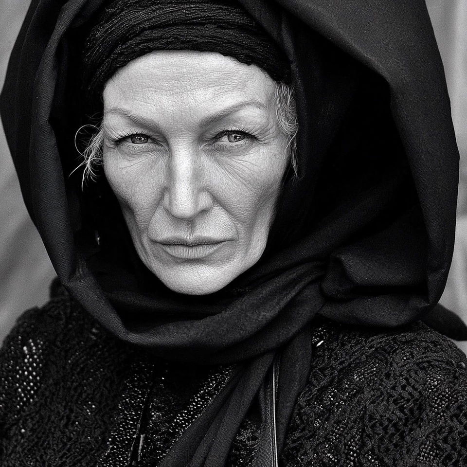 Female hermit in a striking black-and-white close-up photograph with soft light