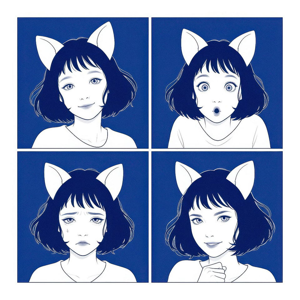 Cat-eared girl showing four emotions in blue-and-white anime line art