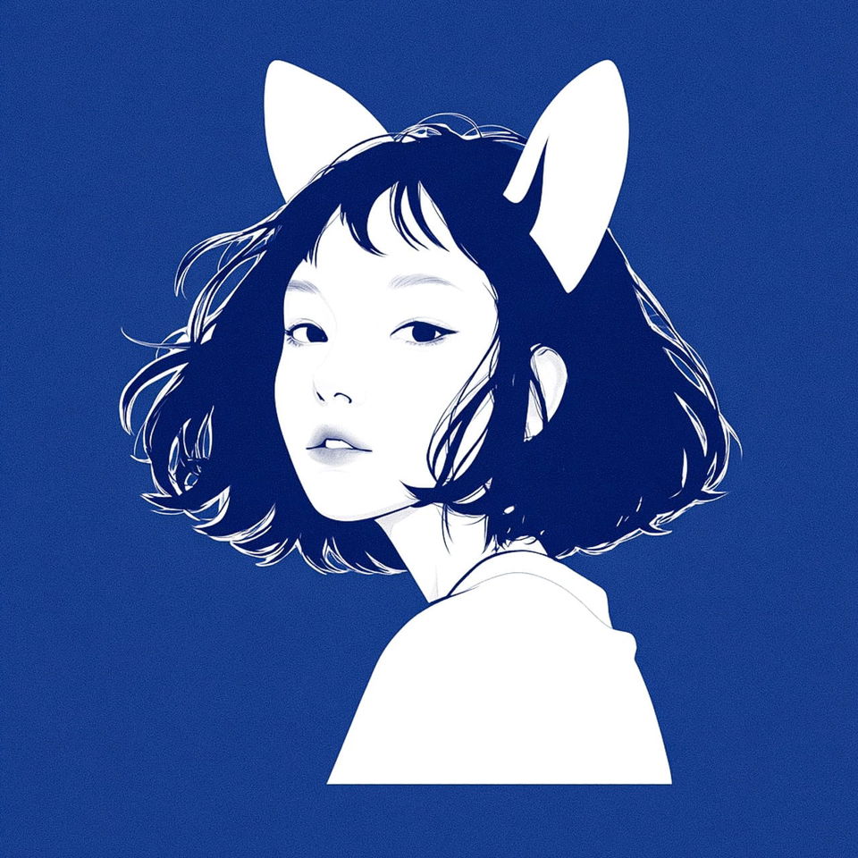 Anime cat-eared girl in a blue-and-white linocut-style portrait with bold flat contrast