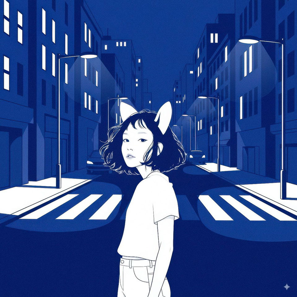 Cat-eared girl in a city street, blue-and-white graphic illustration with stark streetlights