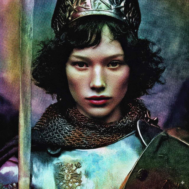 Portrait of a crowned woman in armor, iridescent hues with textured, painterly lighting