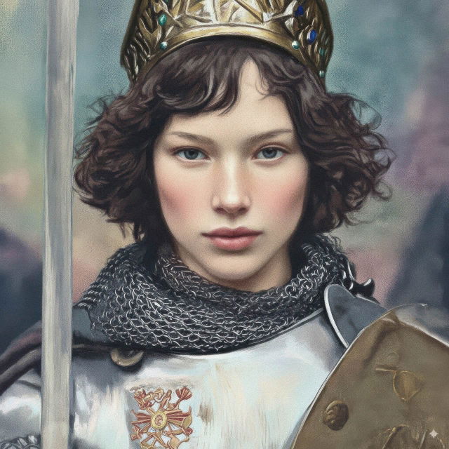 Female knight with crown, sword, and shield in pastel photorealistic colors and soft light
