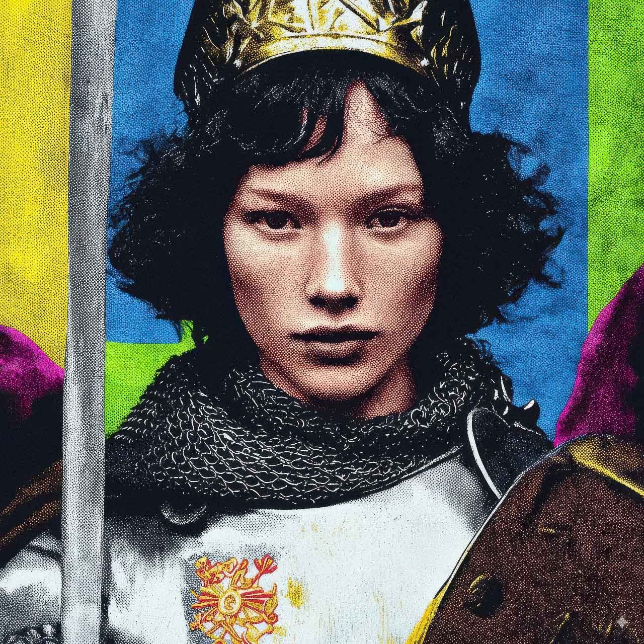Portrait of an armored woman with a sword in flat pop-art colors and fine halftone texture
