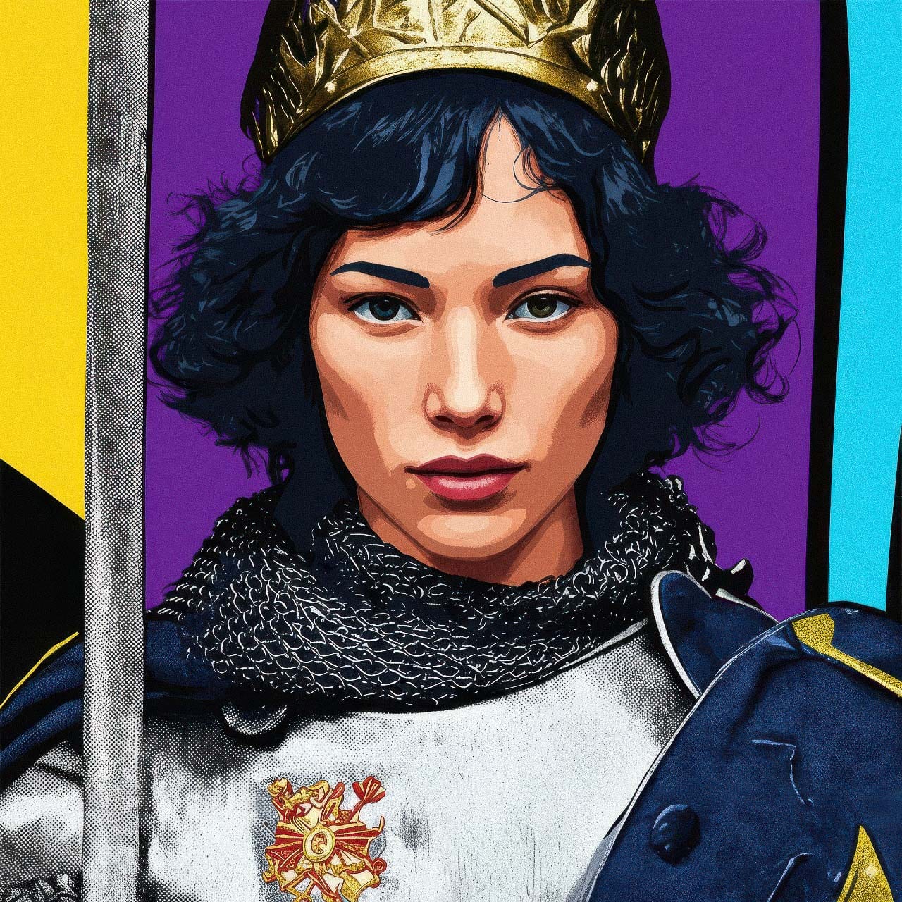 Portrait of an armored woman with a crown in flat pop art color layers