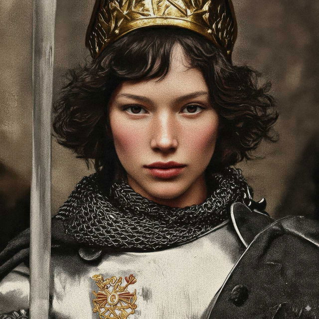 Female knight wearing a crown and armor, rendered as a richly colored realistic digital portrait