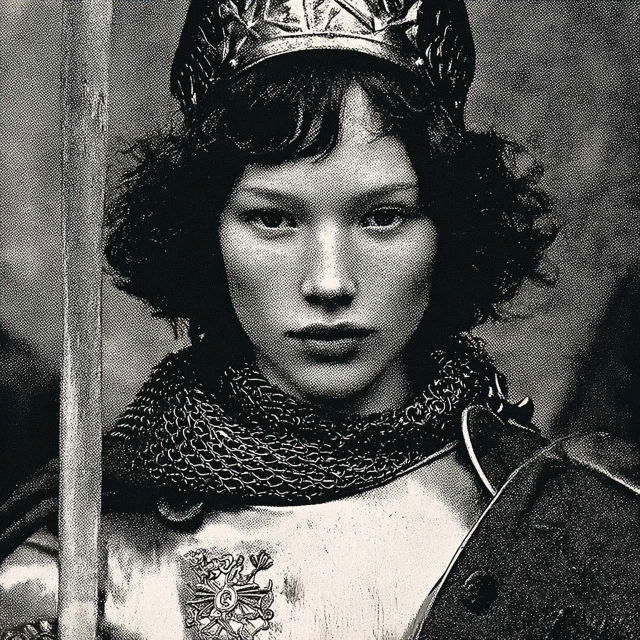 Joan of Arc in chainmail and crown, rendered as a grainy black-and-white photograph