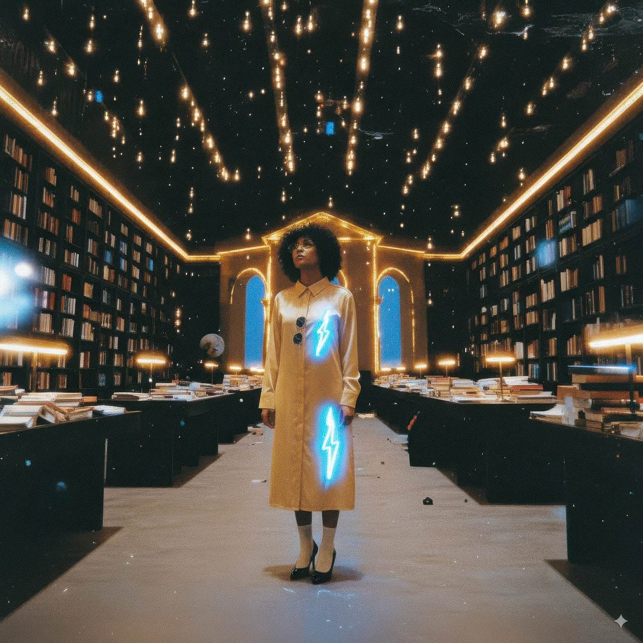 Woman in a glowing library wearing a cream coat with electric-blue lightning, cinematic photography