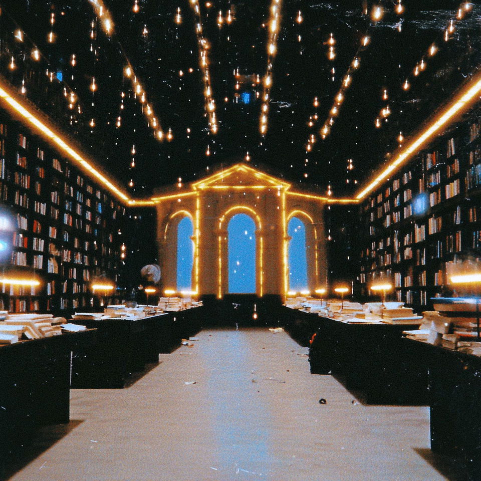 Infinite library study hall with glowing golden lights, dark shelves, and blue arched windows