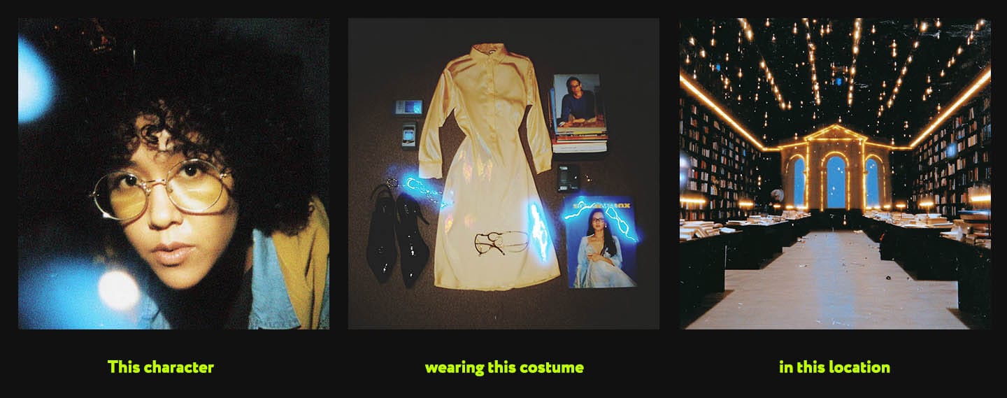 Instruction collage showing a character, costume, and glowing library in dark photographic panels