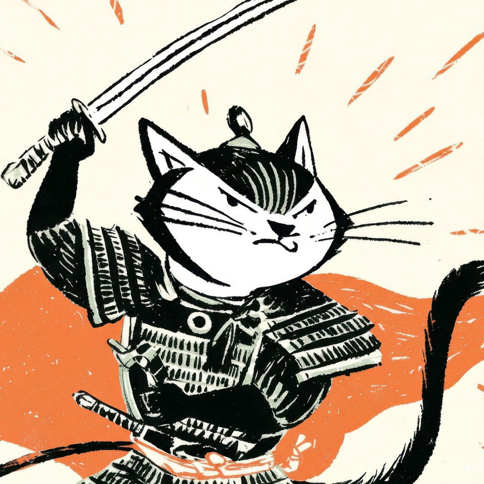 Samurai cat raising a sword, bold black ink with orange accents and textured print shading