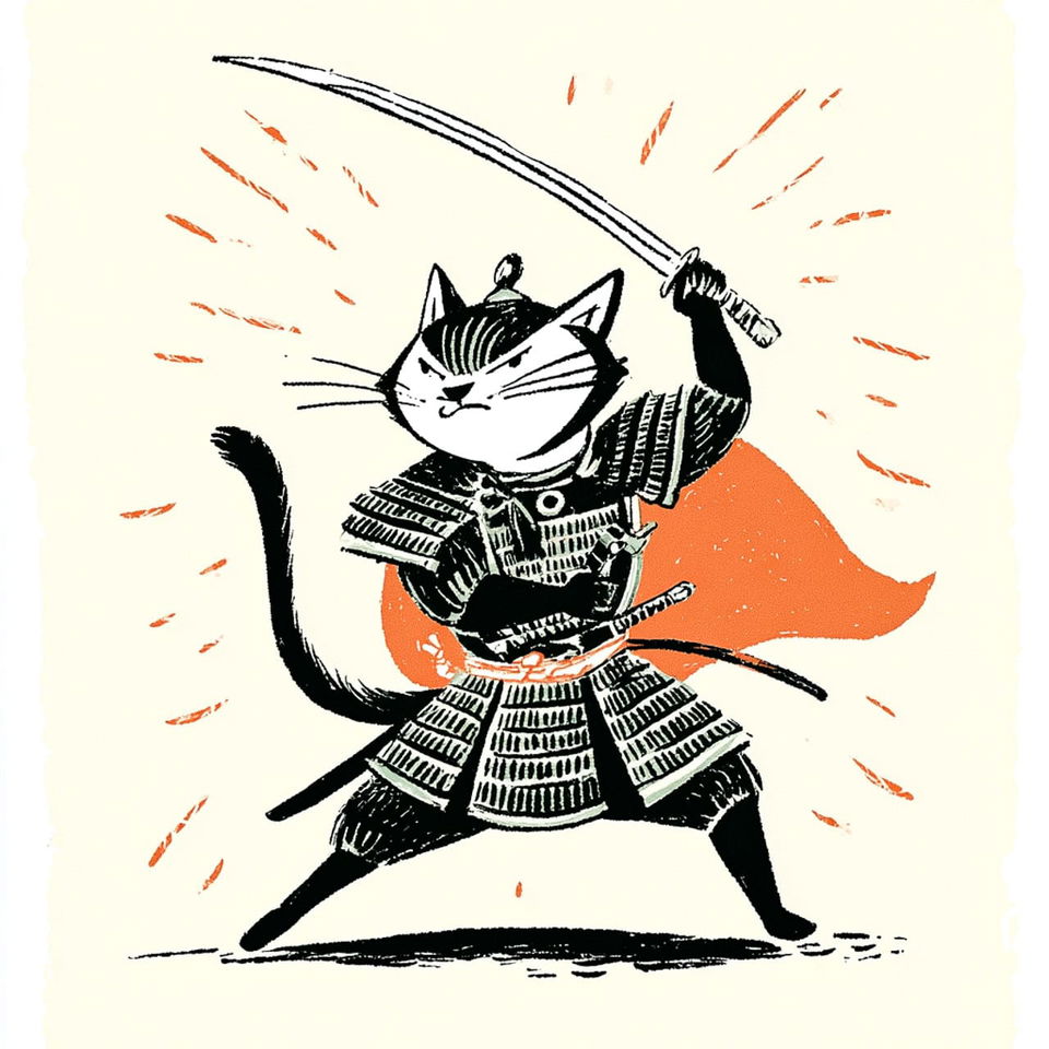 Samurai cat raising a sword, black-and-white manga ink with orange accents