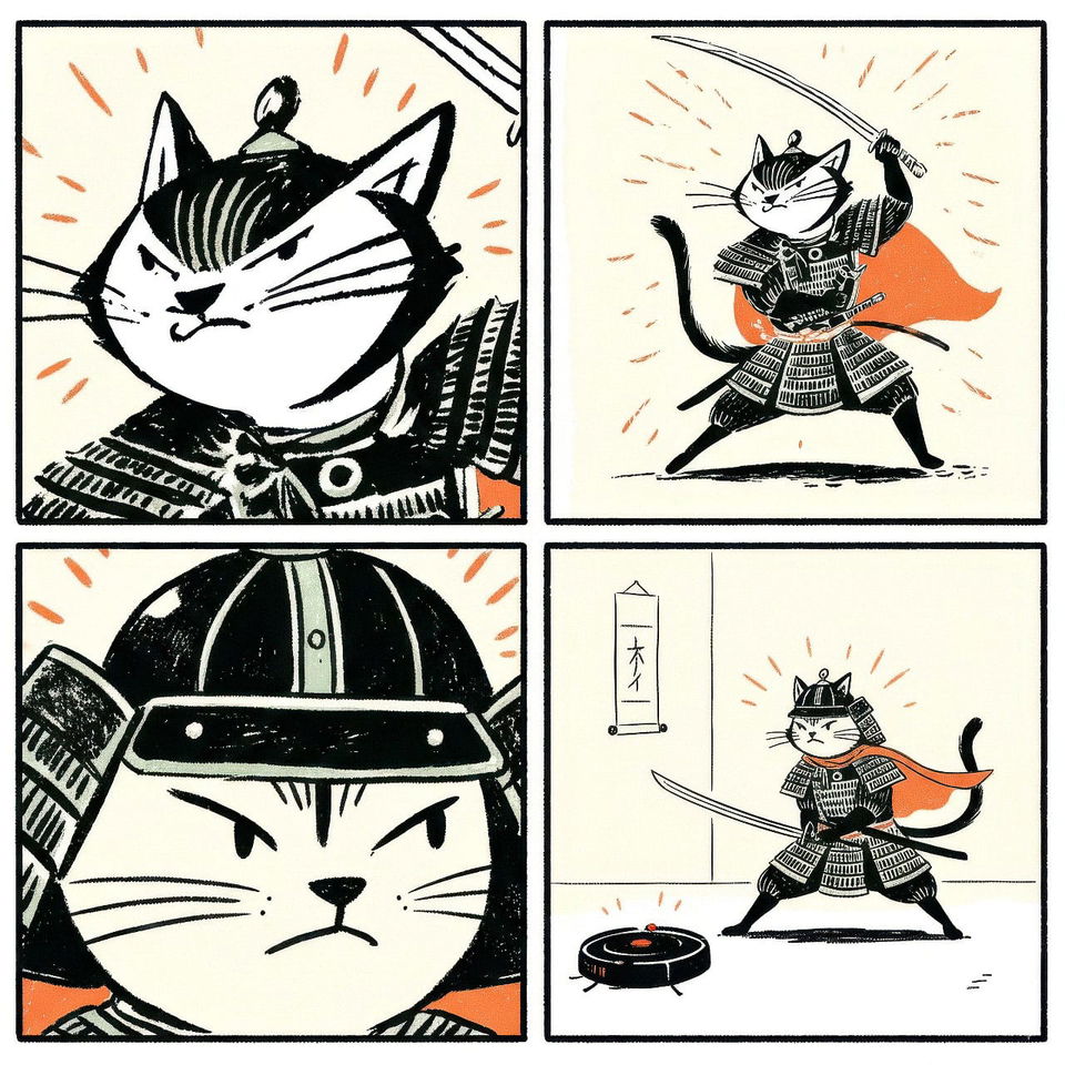 Four-panel comic of a cat samurai facing a robot vacuum, in black-and-white ink with orange accents