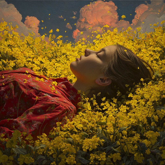 Woman reclining in yellow flowers, rendered in textured oil paint with warm, saturated colors