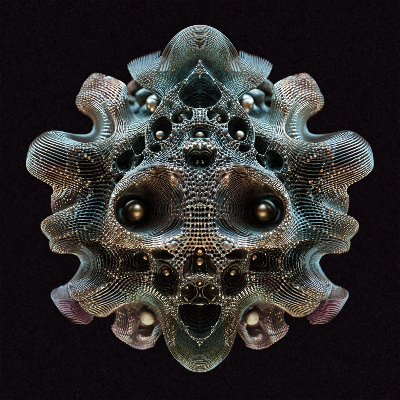 Symmetrical alien-like mechanical mask with ribbed forms, metallic tones, and dramatic lighting