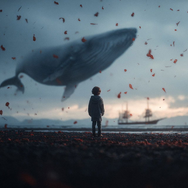 Child facing a giant shadowy whale above the sea, cinematic blue-gray light with red leaves