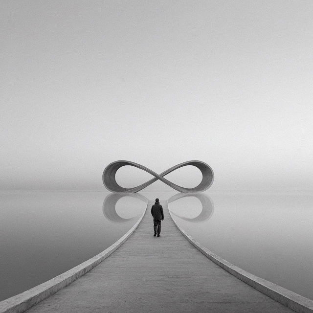 Person walking toward an infinity symbol on a bridge, monochrome surreal scene with soft light