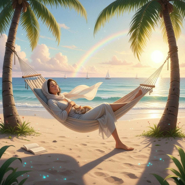 Woman relaxing with a cat in a beach hammock, warm illustrated palette and golden sunlight