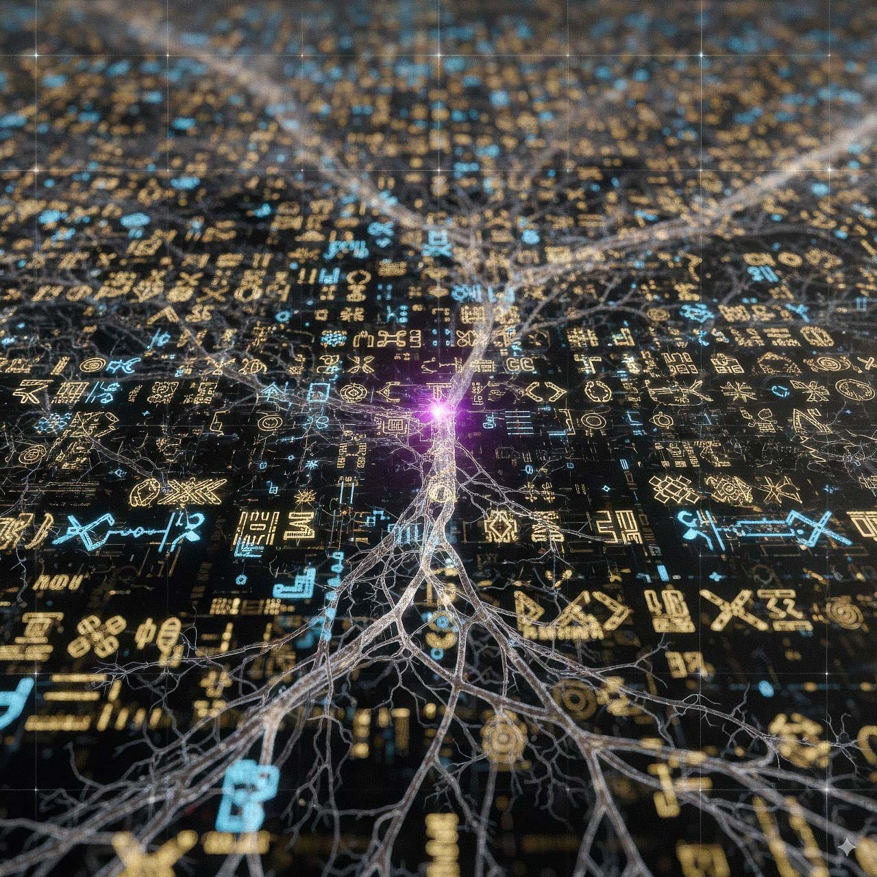 Glowing neural network over a field of cryptic symbols, in blue and gold digital light