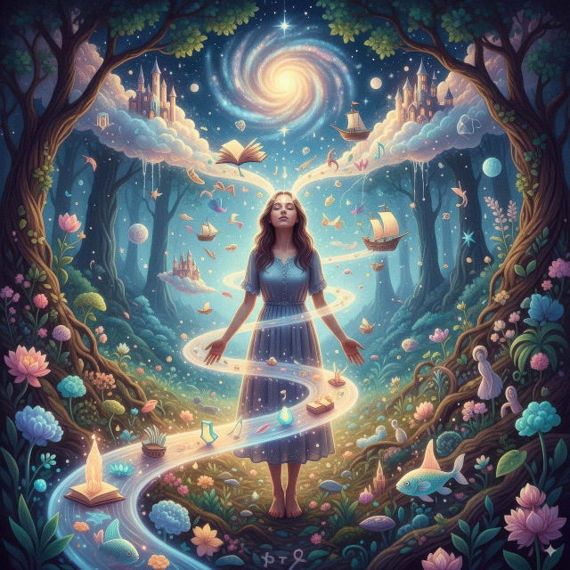 Woman in a fantastical forest with floating books and castles, luminous pastel digital art