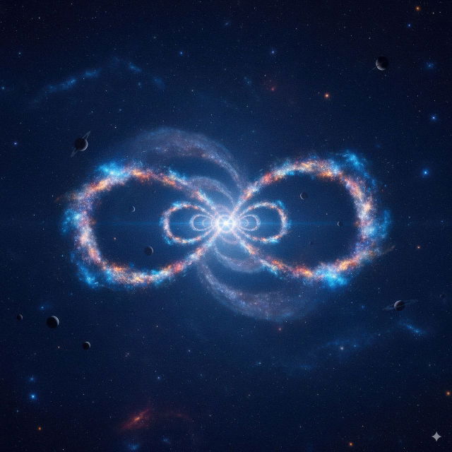 Luminous infinity symbol formed by cosmic dust and stars in a deep blue space palette