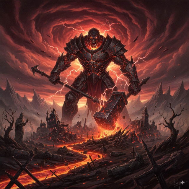 Armored demon towering over a burning battlefield, dark fantasy digital art in fiery reds and blacks