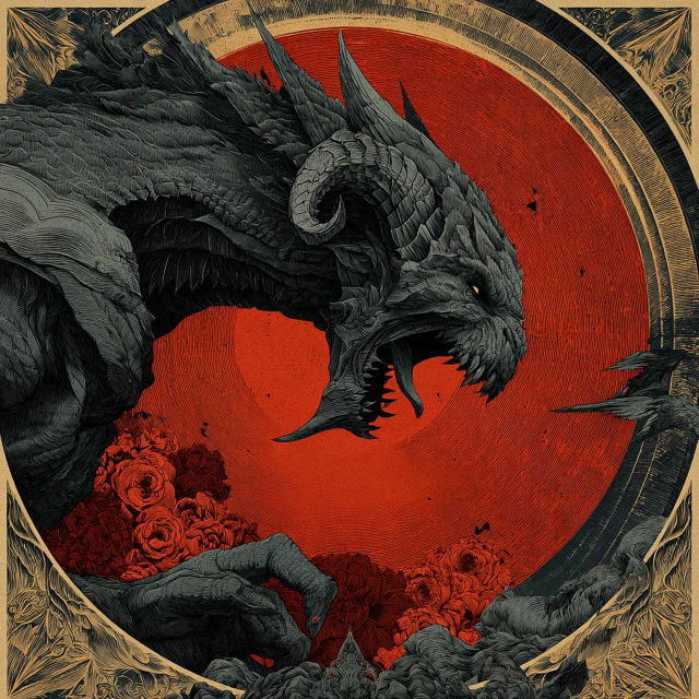 Snarling horned dragon in dark engraved lines, against a fiery red circular backdrop