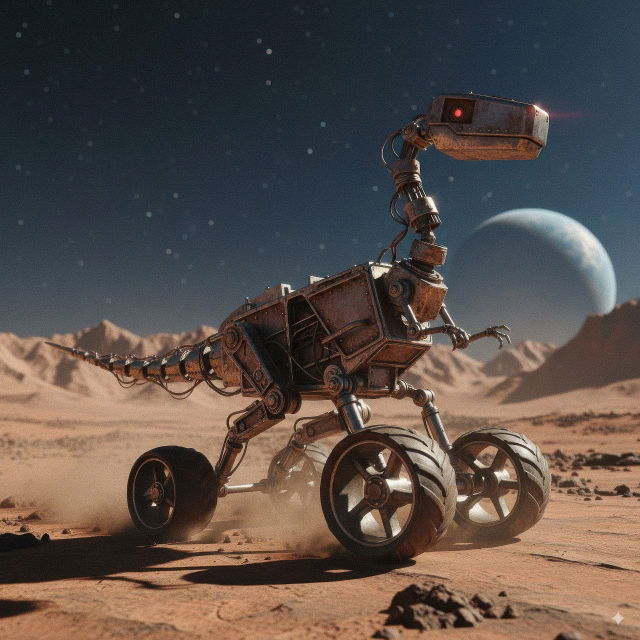 Mechanical dinosaur on wheels in a desert, cinematic rusty metal with warm dusty light