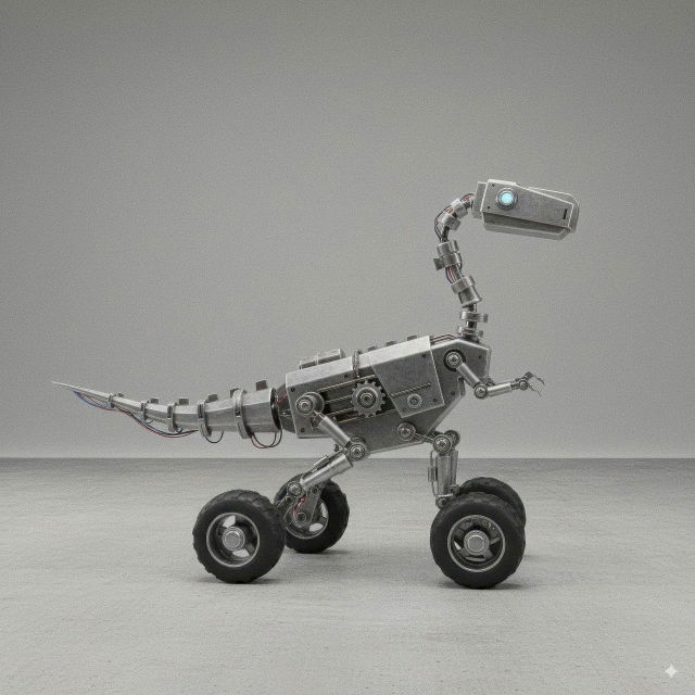 Mechanical dinosaur on wheels, rendered in detailed gray 3D with soft studio lighting