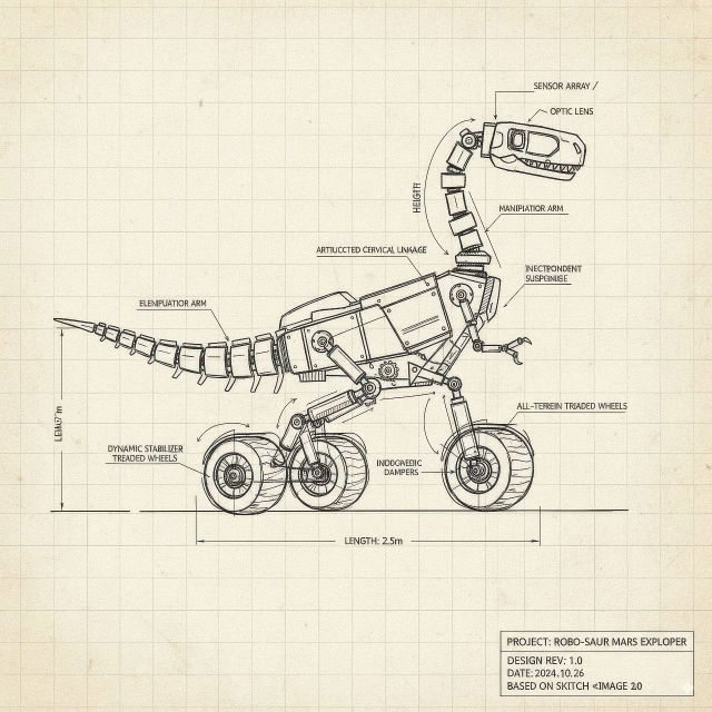 Technical blueprint of a wheeled mechanical dinosaur, in fine black linework on a beige grid