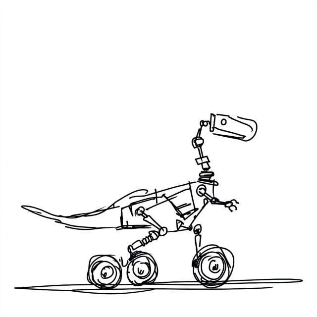 Robot dinosaur on wheels in a monochrome technical sketch with loose black linework