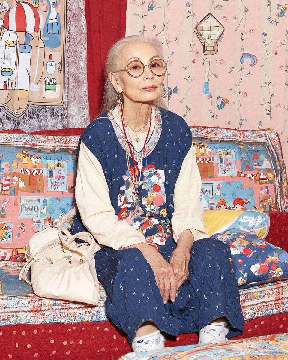 Elderly woman seated on a couch, rendered as a colorful editorial portrait with soft light