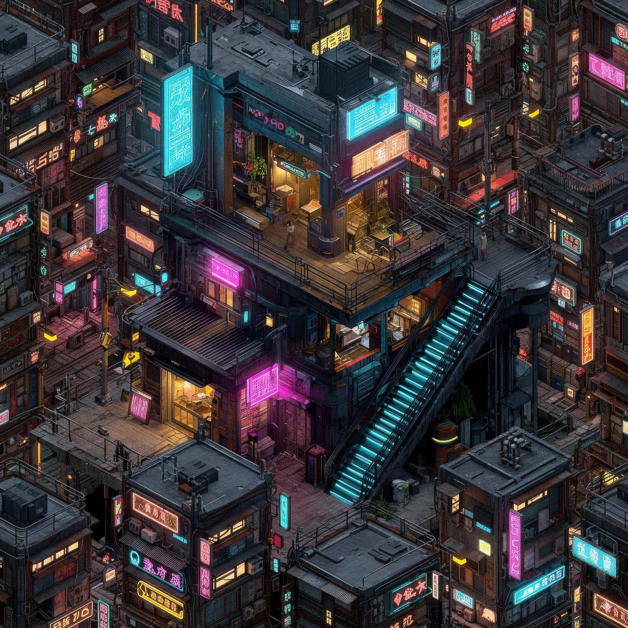 Isometric cyberpunk street with dense buildings, neon signs, and glowing cyan and magenta lights